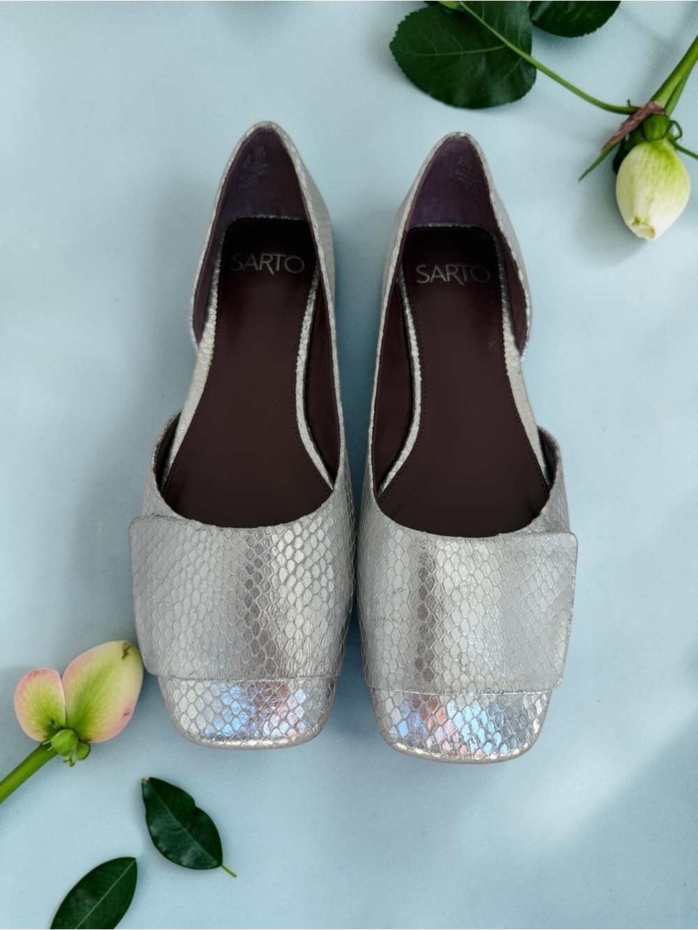 Franco Sarto SARTO Tracy Silver Snake Embossed Square Toe Flats Size